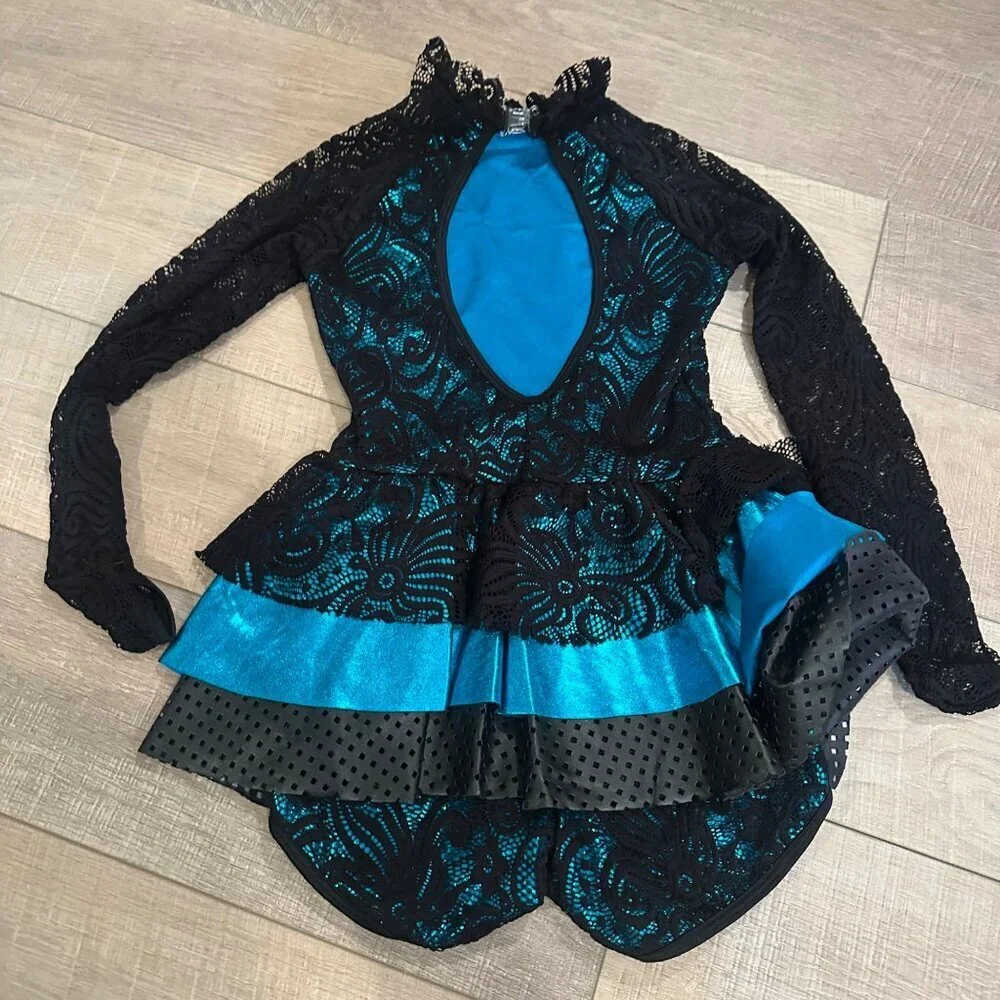 CURTAIN CALL BLUE AND BLACK BIKETARD JAZZ COSTUME DANCE CHILD LARGE